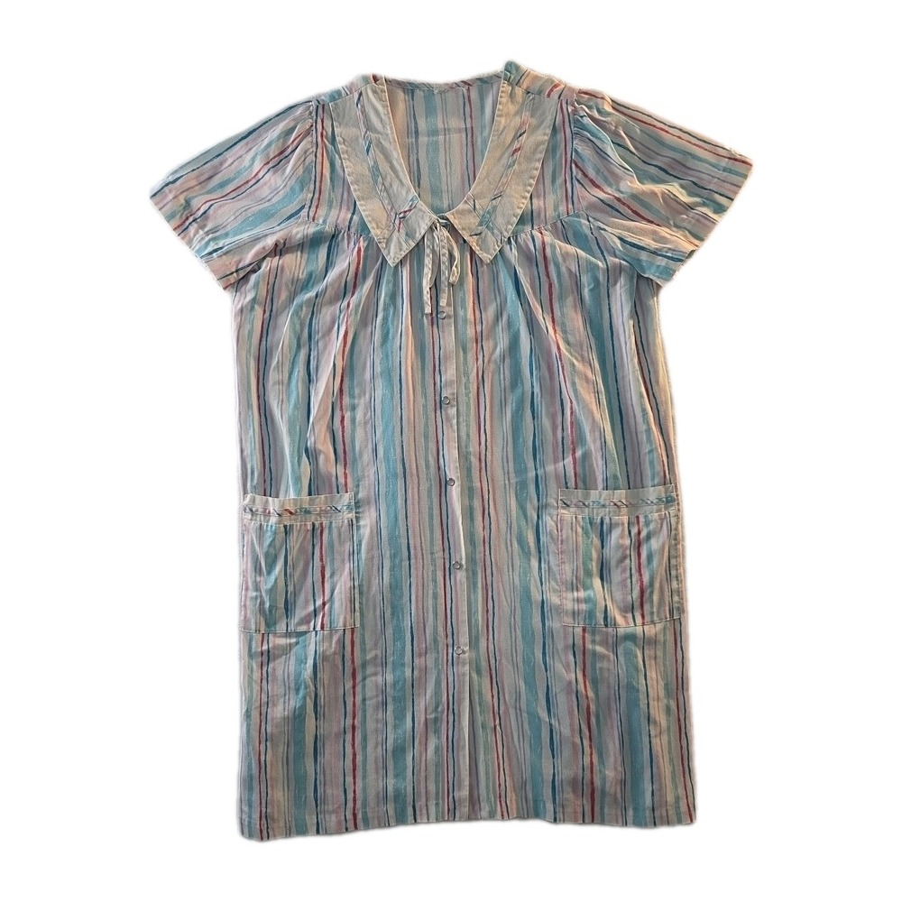Vintage Pink & Blue Striped Housecoat - Size L
